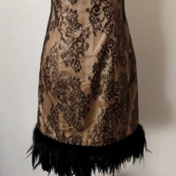 IGNITE EVENINGS BY CAROL LIN FORMAL COCKTAIL DRESS GOLD BLACK LACE FEATHERS SZ 6 - Picture 2 of 9